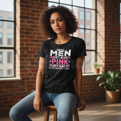 "Real Men Don't Wear Pink" Funny Cat T-Shirt - Absurdist Ironic Meme Graphic Tee, Surreal Humor Streetwear, Nonsensical Slogan Weirdcore Shirt