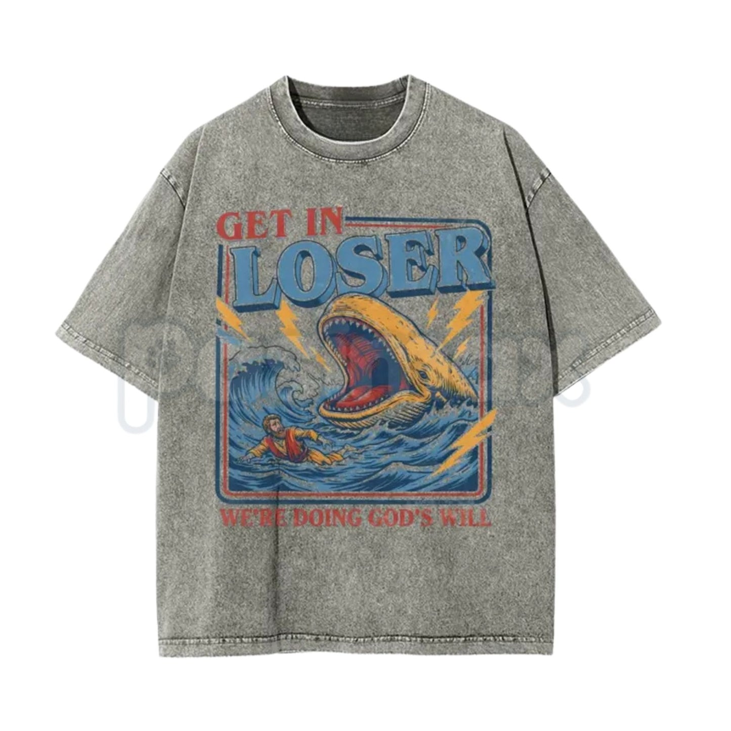 Christian Streetwear Jonah and the Whale T-Shirt – Get In Loser We're Doing God's Will Graphic Tee, Vintage Washed Faith Lightweight Cotton Top