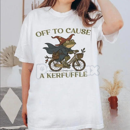 "Off to Cause a Kerfuffle" Defiant Frog Tee - Existential Humor Slogan Shirt, Quirky Rebellious Graphic, Soft Grunge Aesthetic Apparel