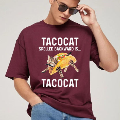 "Tacocat Backward Is Tacocat" Tee - Funny Food & Cat Graphic Shirt, Clever Palindrome Apparel