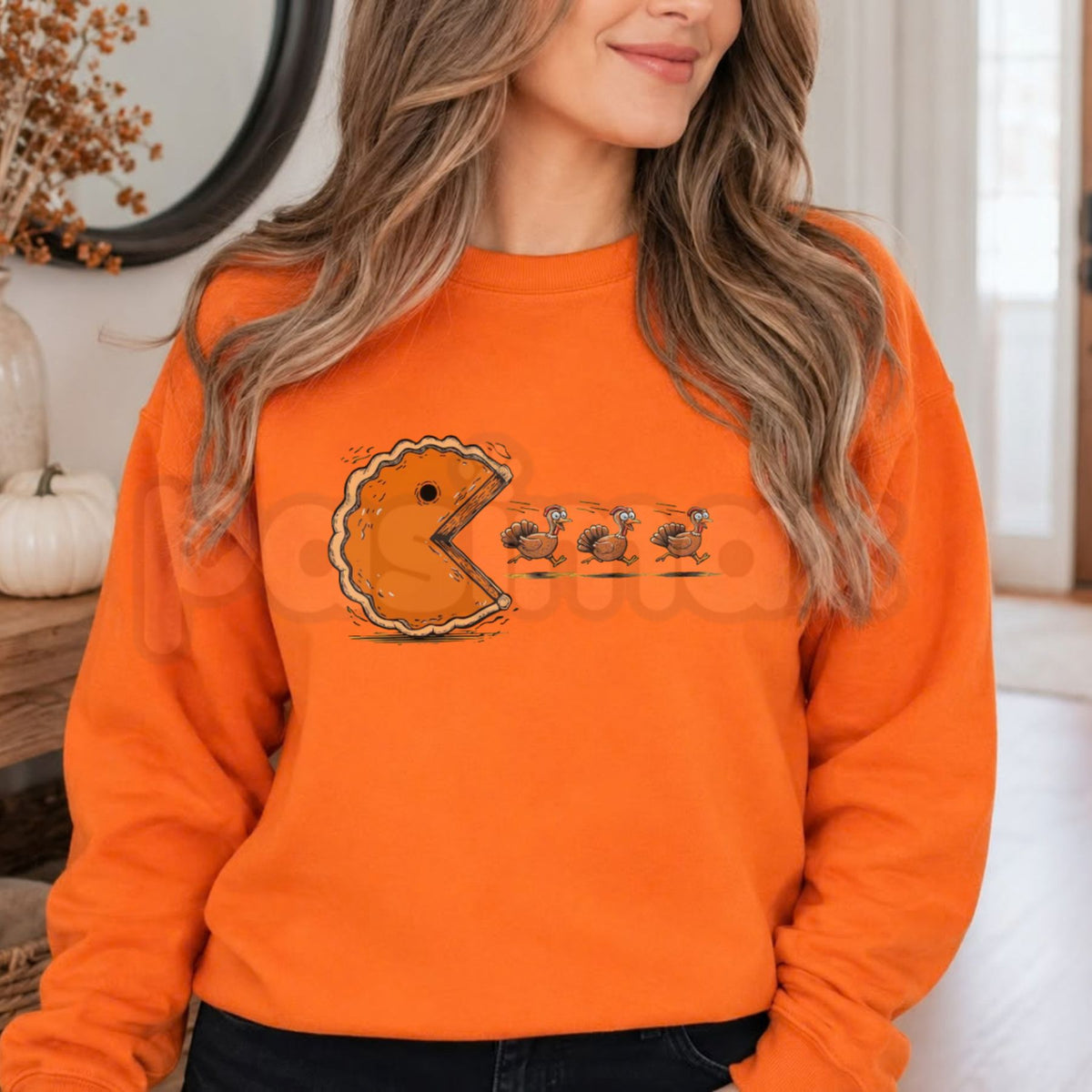 Funny Pumpkin Pie Chasing Turkeys Sweatshirt | Thanksgiving Holiday Graphic Crewneck