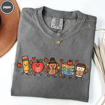 Comfort Colors® Thanksgiving Teacher T-Shirt – Funny Classroom Turkey Day Graphic Tee, Retro Autumn Doodle Educator Unisex Top & Gift