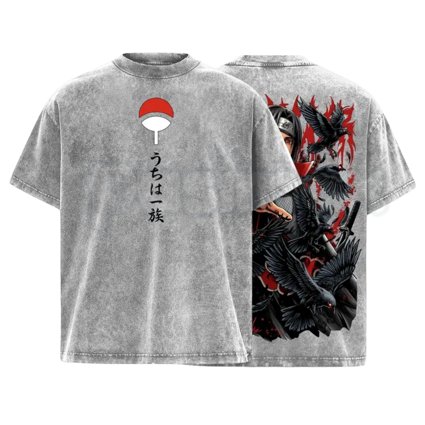 Uchiha Clan Slayer Red Eye T-Shirt – Crow Illusion Shinobi Graphic Tee, Oversized Vintage Washed Dark Ninja Streetwear