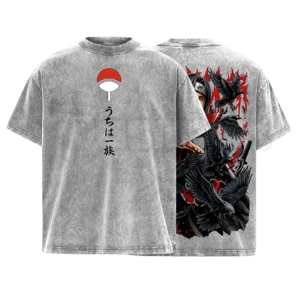 Uchiha Clan Slayer Red Eye T-Shirt – Crow Illusion Shinobi Graphic Tee, Oversized Vintage Washed Dark Ninja Streetwear