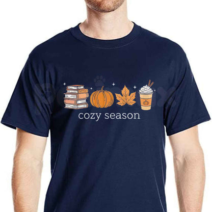 Cozy Season Pumpkin & Books T-Shirt – Autumn Book Lover Women's Cotton Fall Graphic Tee