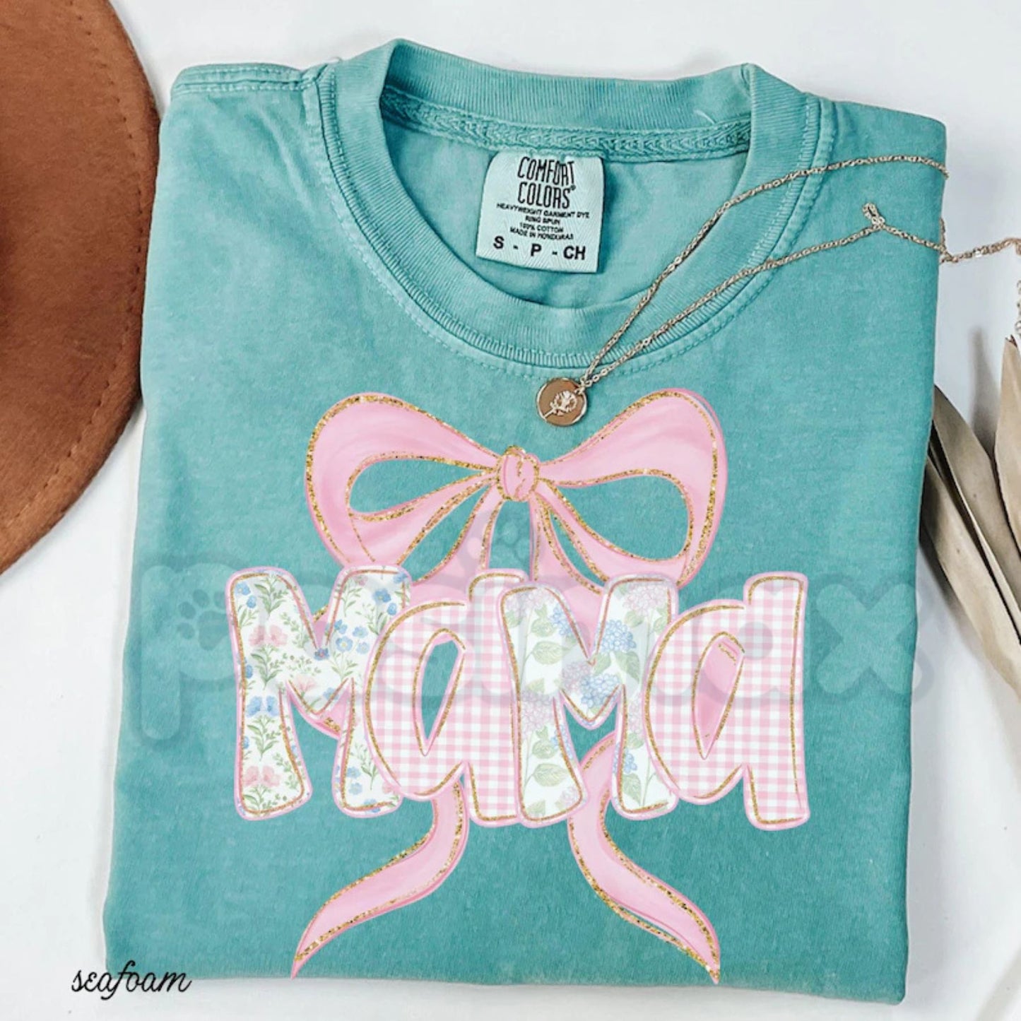 Comfort Colors® Floral "MAMA" T-Shirt – Trendy Spring Flower Mom Shirt, Aesthetic Blue and Pink Bow Tee, Preppy Pregnancy Reveal Gift for Her
