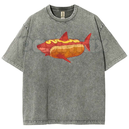 Shark Hotdog Funny Food Meme T-Shirt – Retro Weirdcore Graphic Tee, Vintage Washed Lightweight Cotton Unisex Streetwear Top