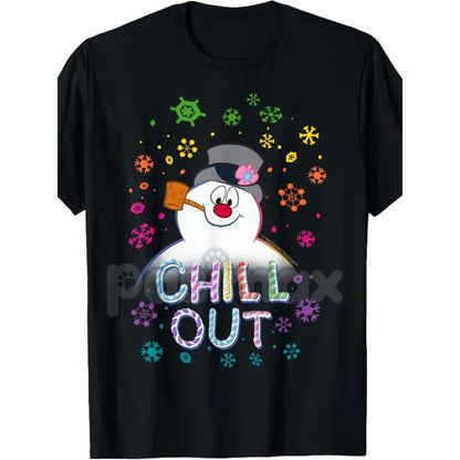 Women's Black Frosty The Snowman T-Shirt - Chill Out Portrait Graphic Tee, Funny Holiday Winter Apparel, Short Sleeve Christmas Top