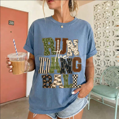 Comfort Colors® Patchwork "Run The Dang Ball" Football T-Shirt – Leopard Print Graphic Tee, Sports Mom Unisex Top & Gift