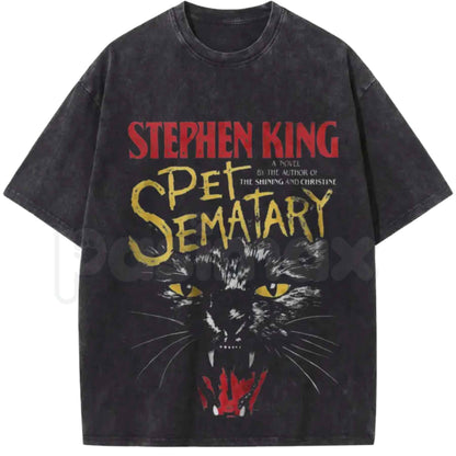 Creepy Black Cat Thriller Graphic Tee – Spooky Retro Horror Movie T-Shirt, Vintage Acid Washed Lightweight Cotton Unisex Streetwear Top