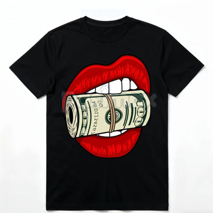 Oversized Red Lips Biting Cash Roll Graphic Tee - Edgy Streetwear Shirt, Luxury Lifestyle Apparel