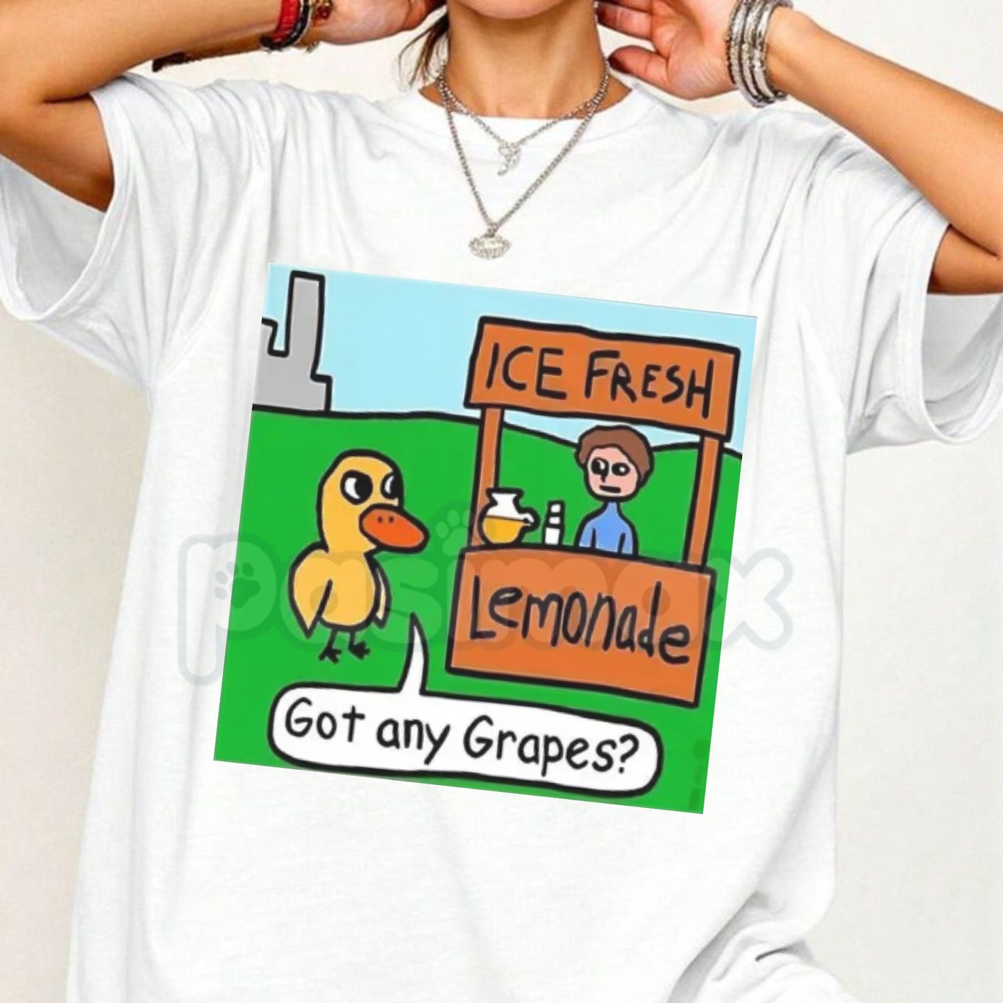Humorous Duck "Got Any Grapes?" T-Shirt - Funny Viral Internet Meme Graphic Tee, Premium 100% Cotton Lemonade Stand Top, Cute Sarcastic Duck & Grapes Shirt, Nostalgic Web Animation Gift, Soft Lived-In Unisex Casual Apparel