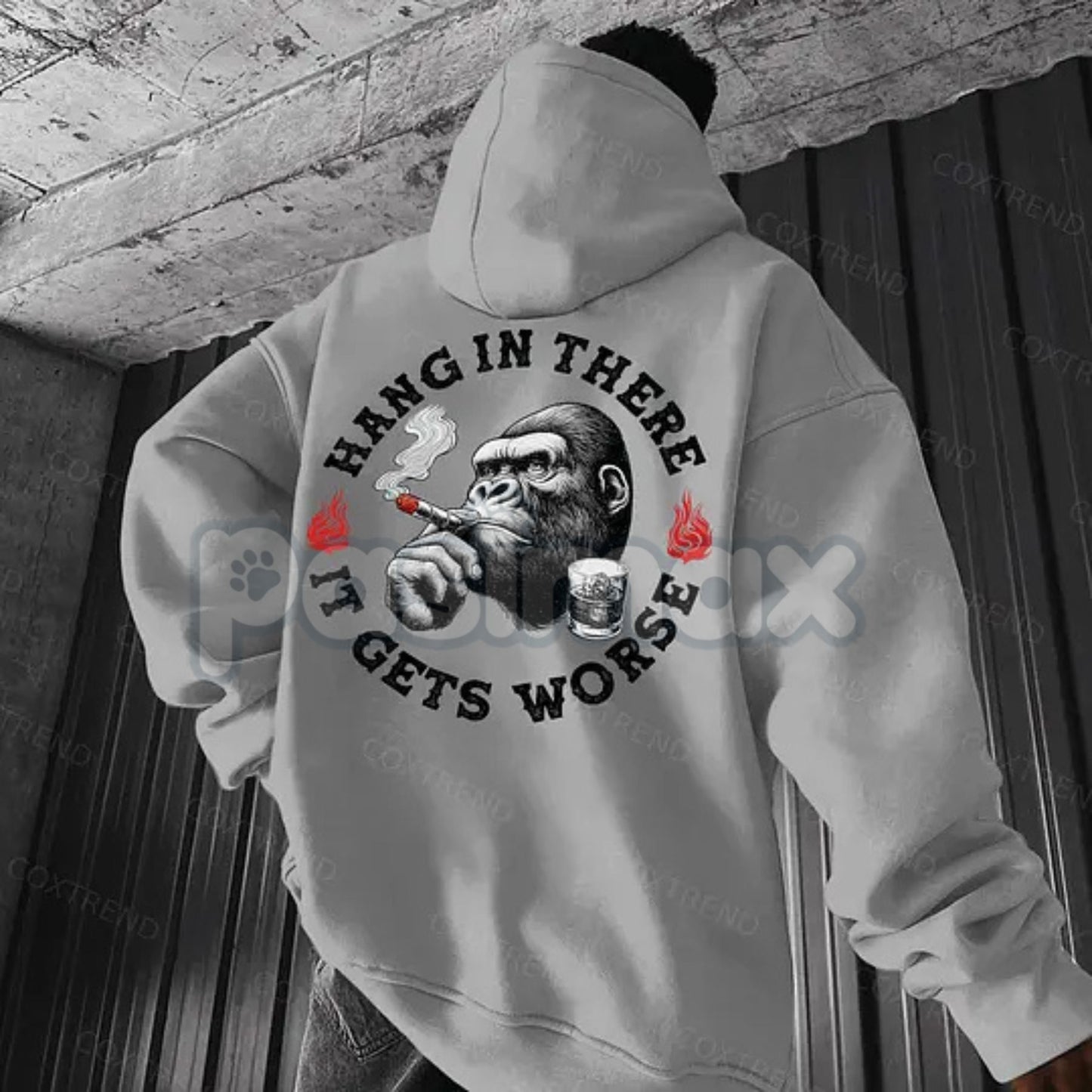 "Hang In There It Gets Worse" Monkey Hoodie – Sarcastic Nihilist Humor Pullover, Funny Nihilism Ape Graphic, Unisex