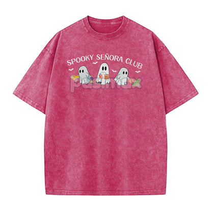 "Spooky Señora Club" Vintage Acid Wash T-Shirt – Unisex Graphic Shirt, Retro Vibe