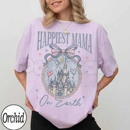 Personalized Comfort Colors® Happiest Mom On Earth T-Shirt – Retro Coquette Bow Mama Tee, Vintage Magical Vacation Shirt, Custom Mother’s Day Gift