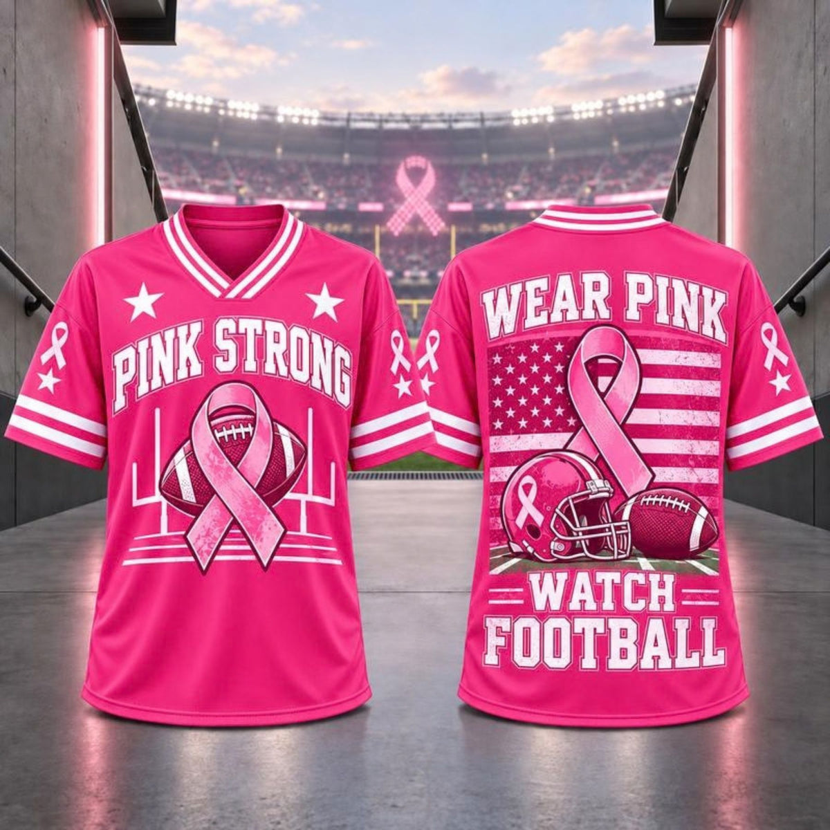Pink Ribbon Breast Cancer Awareness V-Neck Football T-Shirt – Hope & Support Athletic Graphic Tee