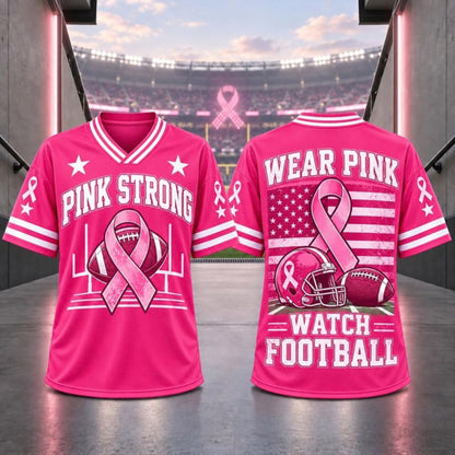 Pink Ribbon Breast Cancer Awareness V-Neck Football T-Shirt – Hope & Support Athletic Graphic Tee