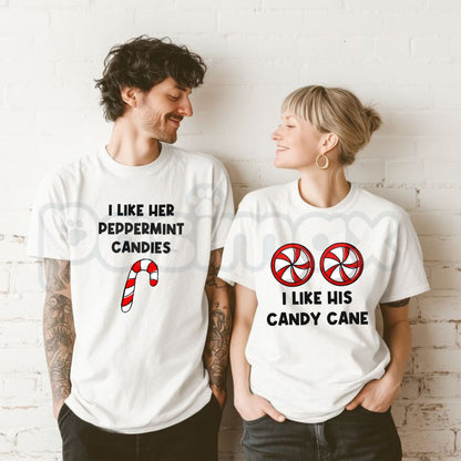 I Like Her Peppermint Candies & I Like His Candy Cane T-Shirts – Funny Christmas Couples Matching Holiday Graphic Tees