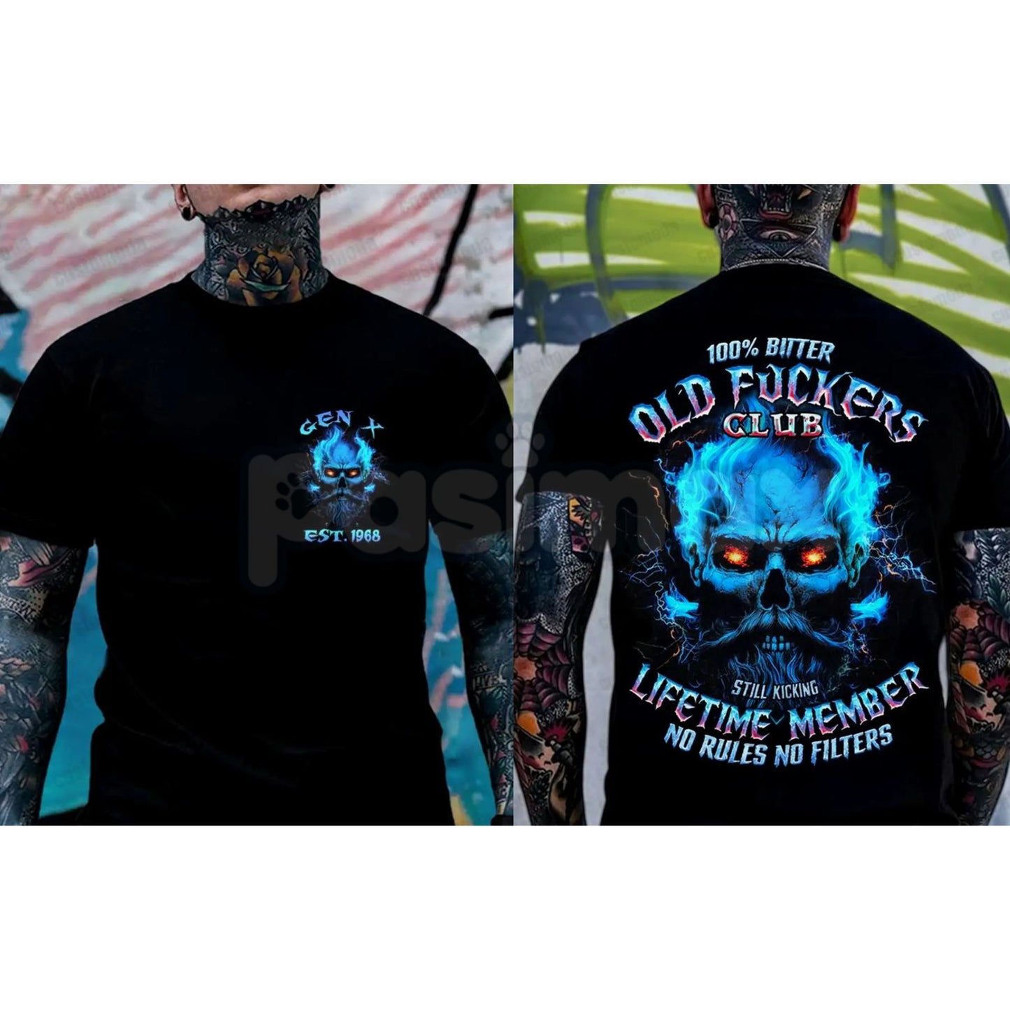 Crazymoda Generation X 100% Bitter Old F*ckers Club Custom Year Skull T-shirt - Rude Gen X Slogan Tee, Sarcastic Old Fart Humor Apparel, Custom Birth Year Gift