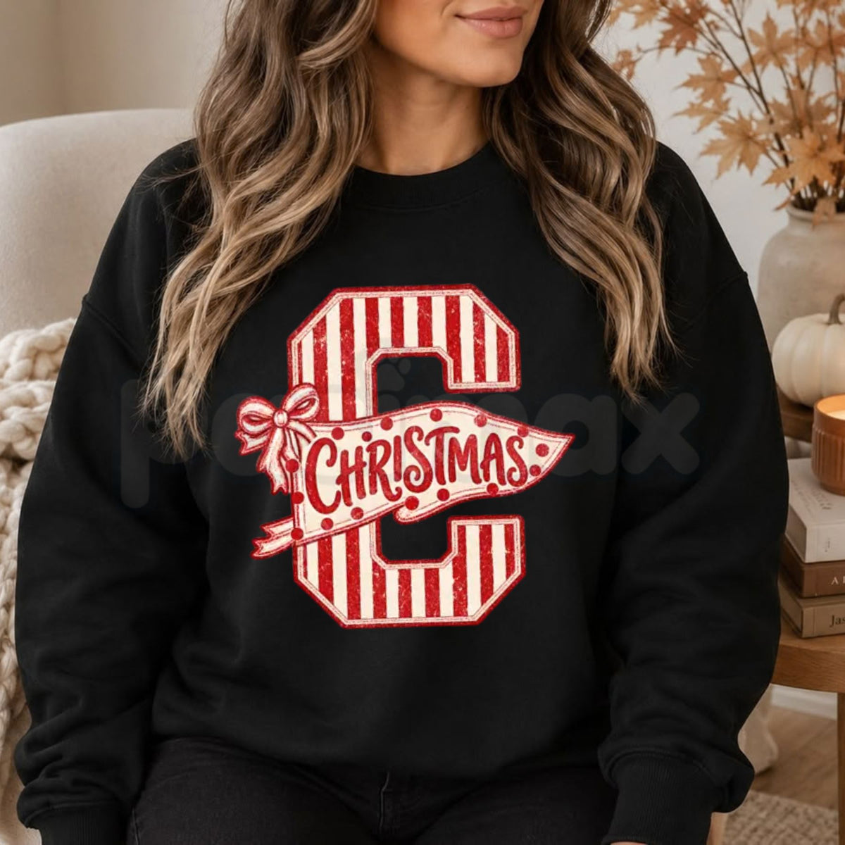Vintage Coquette Letter C Christmas Sweatshirt | Candy Cane Bow Crewneck