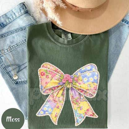 Comfort Colors® Hand-Painted Quilted Bow T-Shirt – Trendy Watercolor Pearl Bow Tee, Aesthetic Coquette Ribbon Shirt, Preppy Grandmillennial Women's Top