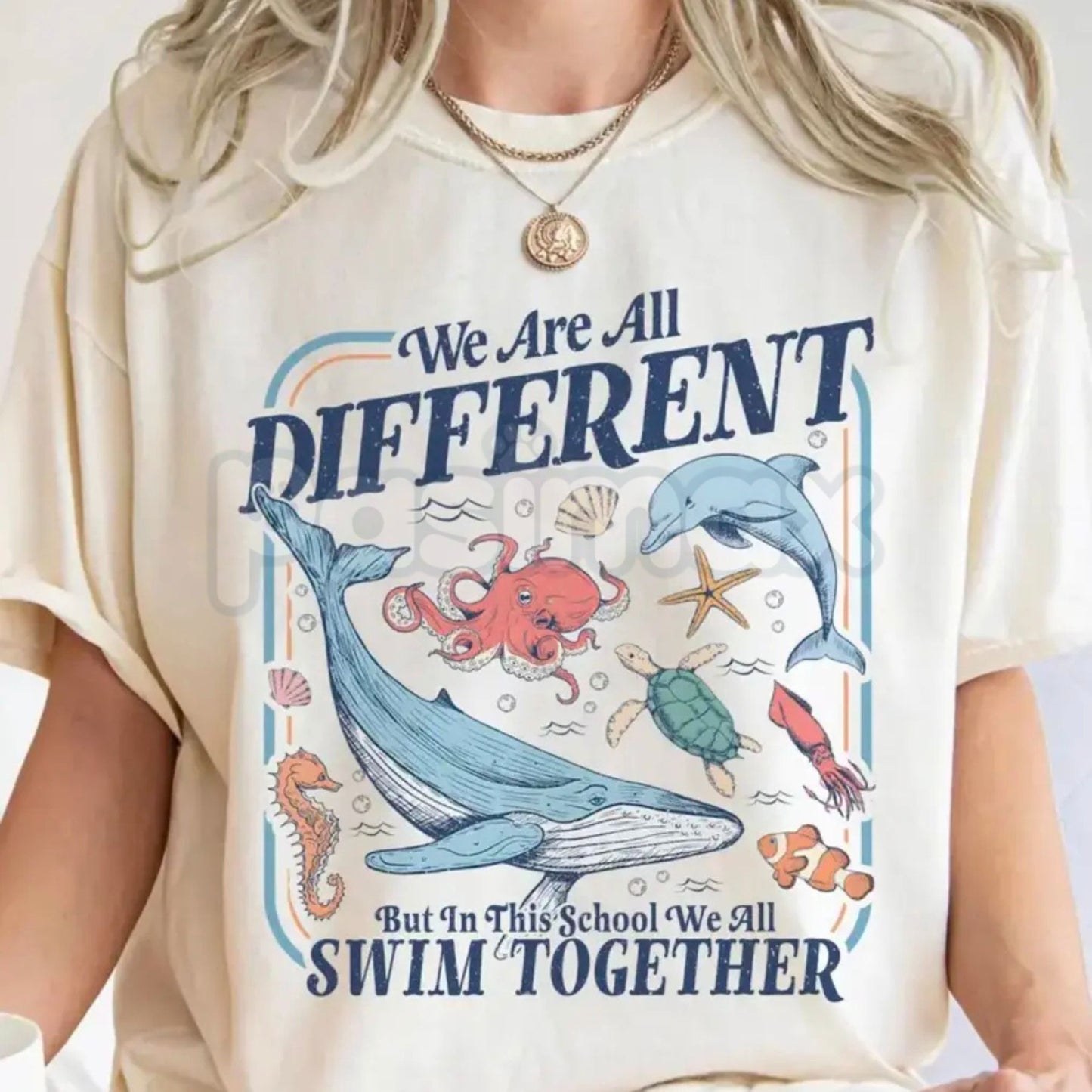 Comfort Colors® "In This School We All Swim Together" Teacher Shirt – Colorful Under the Sea Inclusion Tee, Special Education SPED Advocate Top, Kindergarten Classroom Gift