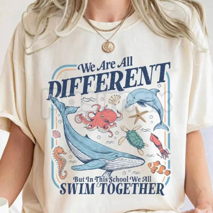 Comfort Colors® "In This School We All Swim Together" Teacher Shirt – Colorful Under the Sea Inclusion Tee, Special Education SPED Advocate Top, Kindergarten Classroom Gift