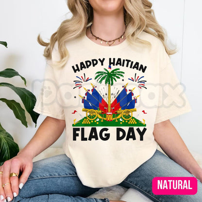 "Happy Haitian Flag Day" Patriotic T-Shirt – Haiti Heritage Graphic Tee for Men & Women, Premium 100% Cotton L'Union Fait La Force Top, Soft Lived-In Heavyweight Caribbean Pride Shirt, Made in USA
