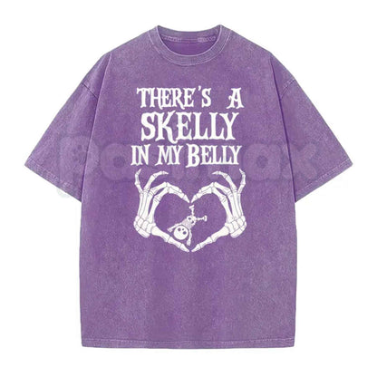 Halloween Pregnancy Shirt – Spooky Mama Announcement Tee, Retro Baby Skeleton Reveal Vintage Washed Lightweight Cotton Unisex T-Shirt