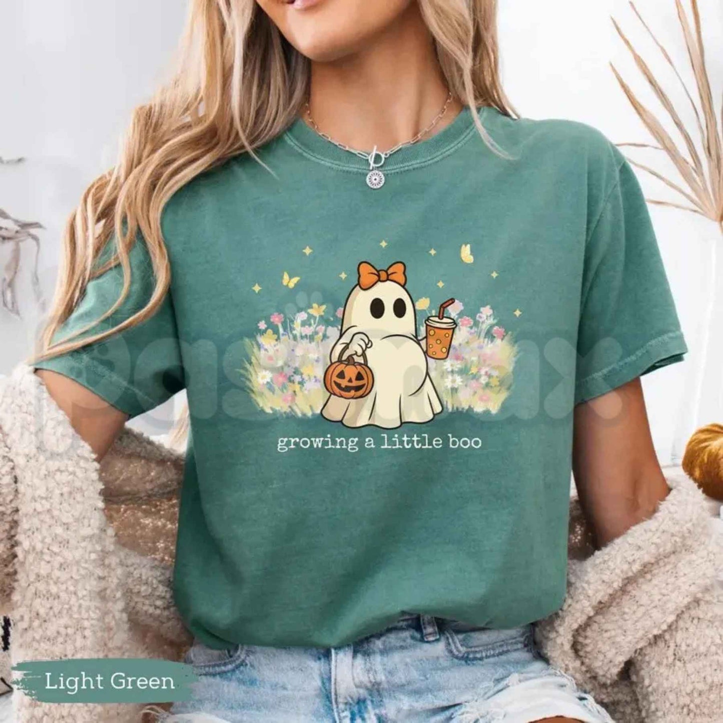 Comfort Colors® Growing A Little Boo Halloween Maternity T-Shirt – Funny Pregnancy Announcement Graphic Tee, Spooky Expecting Mom Unisex Top