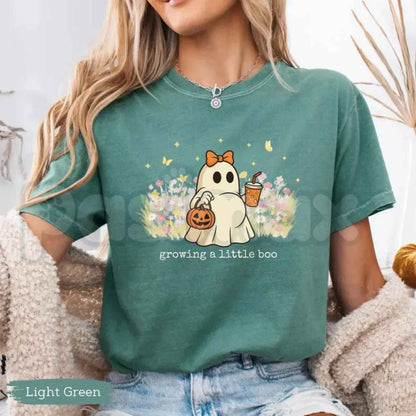Comfort Colors® Growing A Little Boo Halloween Maternity T-Shirt – Funny Pregnancy Announcement Graphic Tee, Spooky Expecting Mom Unisex Top