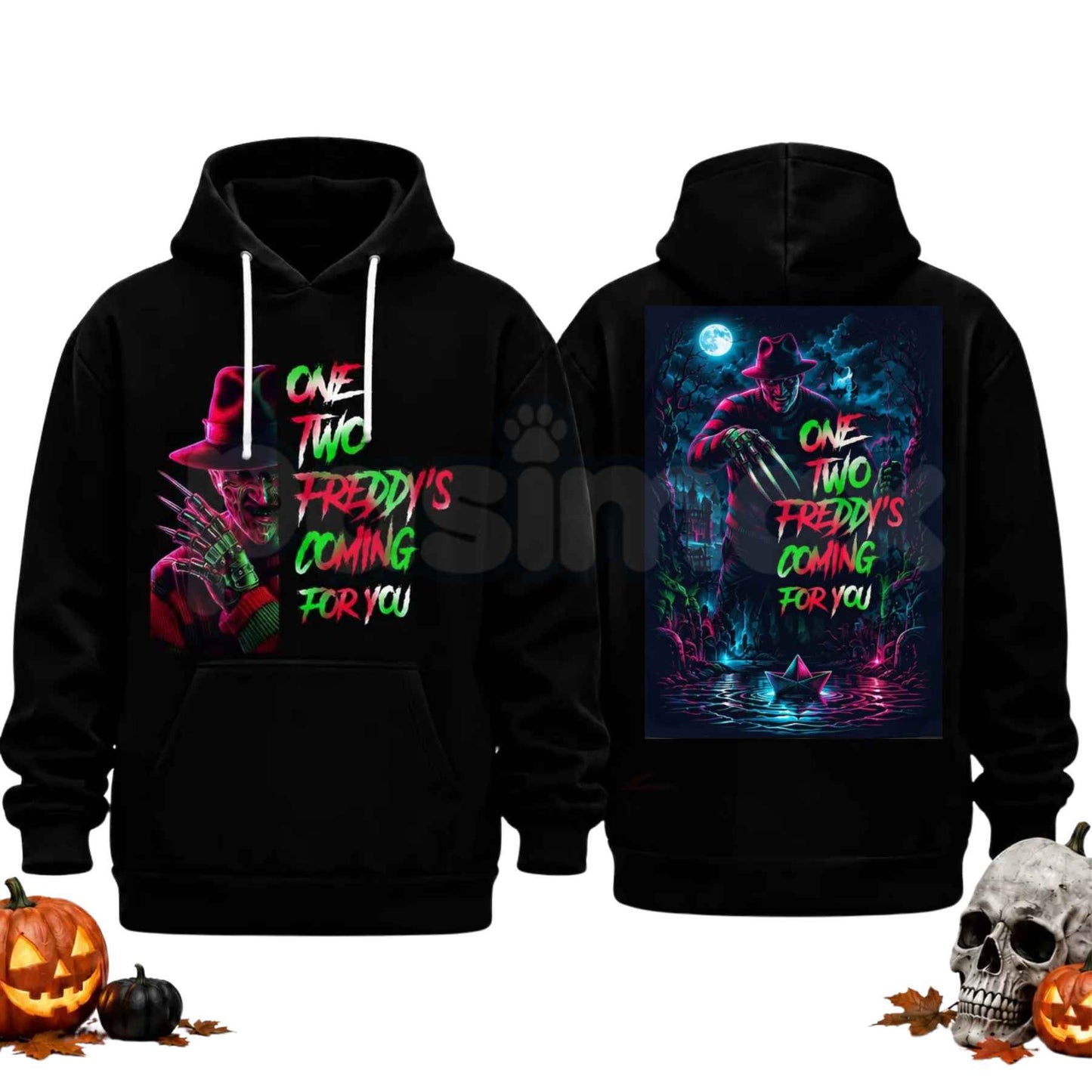 Unisex Horror Movie Villain Double Sided Graphic Hoodie – Retro Neon Scary Character Pullover, Vintage Spooky Halloween Gift Sweatshirt