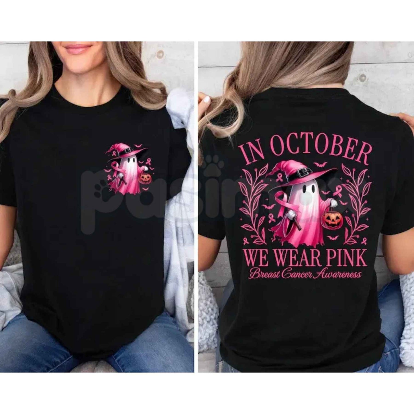 In October We Wear Pink Ghost T-Shirt – Breast Cancer Awareness Halloween Unisex Cotton Tee