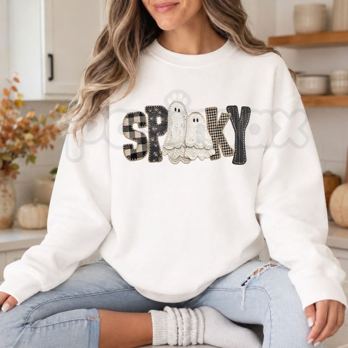 Coquette Lace Ghost Sweatshirt | Soft Spooky Bow & Patchwork Graphic Crewneck