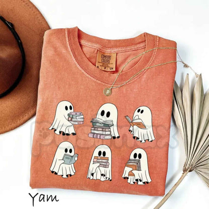 Comfort Colors® Halloween Bookshelf T-Shirt – Retro Ghost Reader Graphic Tee, Cozy Book Lover & Literature Unisex Top