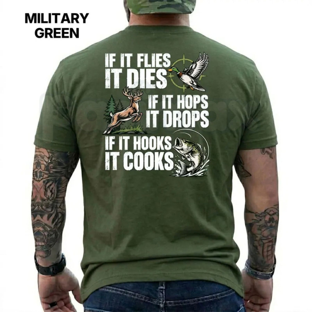 If It Flies It Dies If It Hops It Drops T-Shirt – Funny Hunting Fishing Graphic Tee