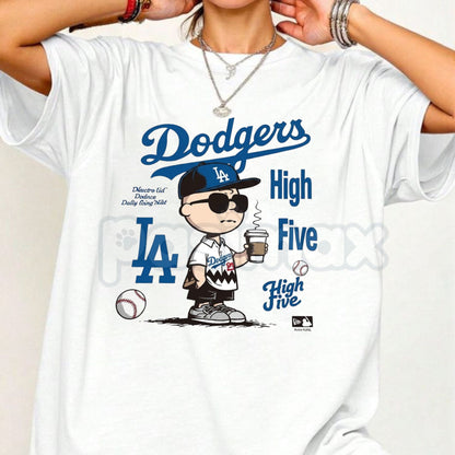 "Chillen’ in LA" Dodgers T-Shirt – Charlie Brown Coffee Graphic Tee, Remastered Heavy Cotton LA Baseball Top, Soft Lived-In Heavyweight Snoopy & Peanuts Fan Shirt, Made in USA