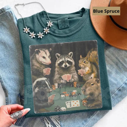 Comfort Colors® Vintage Animals Playing Poker T-Shirt – Funny Surreal Pet Meme Graphic Tee, Retro Corgi Cat Raccoon Card Player Top, Humorous Game Night Gift