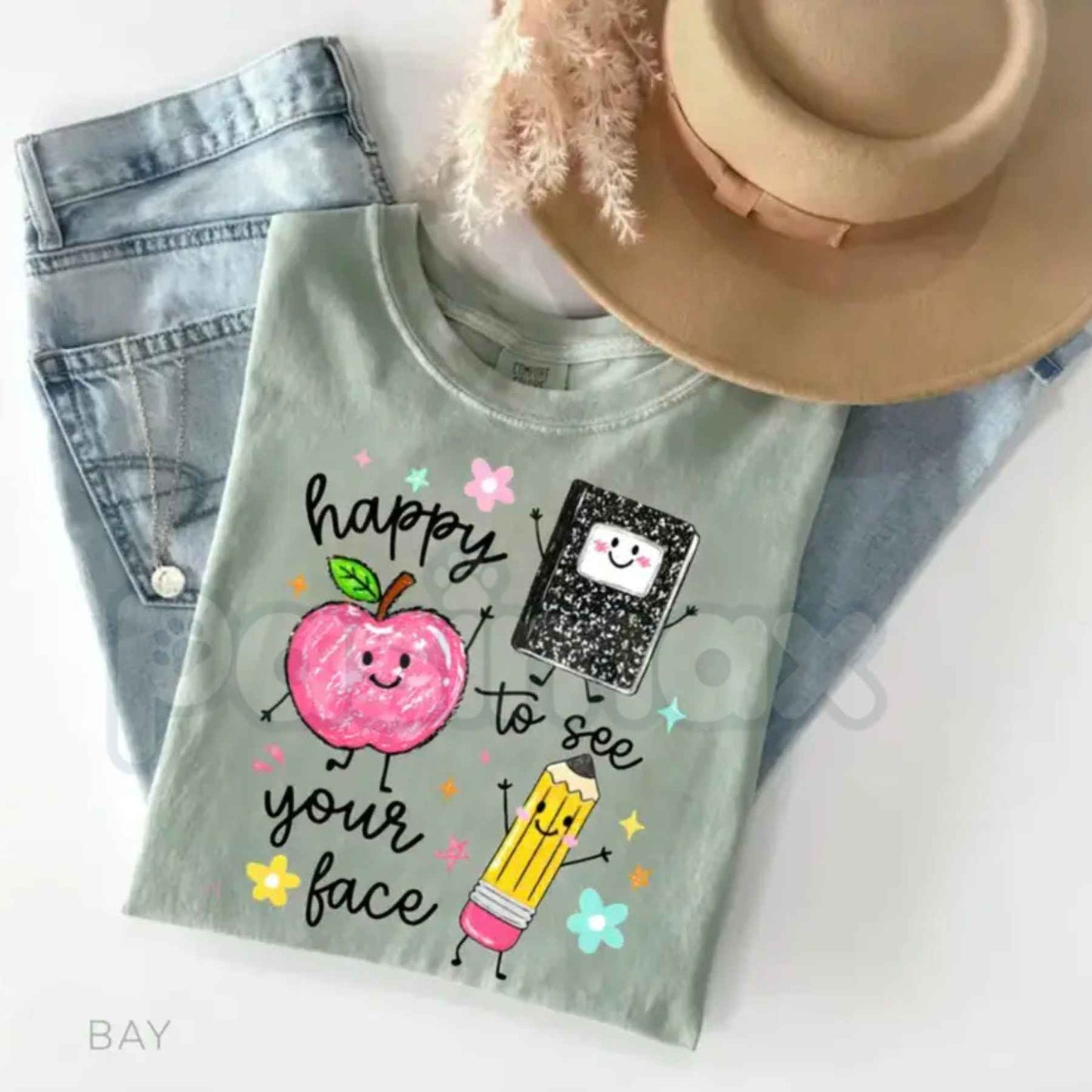 Comfort Colors® "Happy To See Your Face" T-Shirt – Retro Aesthetic Preschool Teacher Graphic Tee, Cute Back to School Gift, Whimsical Classroom Mascot Unisex Top