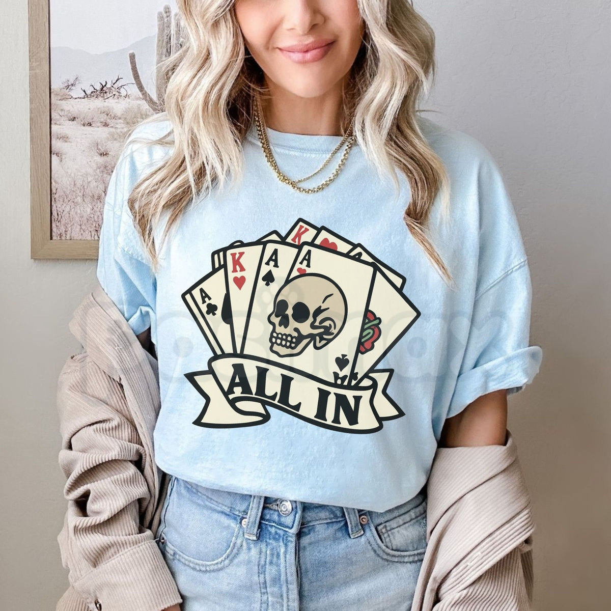 Tattoo All In Poker Skull T-Shirt – Vintage Gambling Skeleton Card Player Graphic Tee