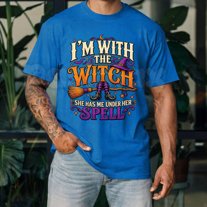 I'm With The Witch T-Shirt – Funny Halloween Broomstick Couples Costume Graphic Tee