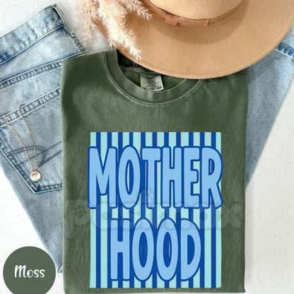 Comfort Colors® MOTHERHOOD Striped Preppy MAMA T-Shirt – Retro Varsity Mother's Day Tee, Coastal Chic Mama Shirt, Trendy Nautical Mom Gift