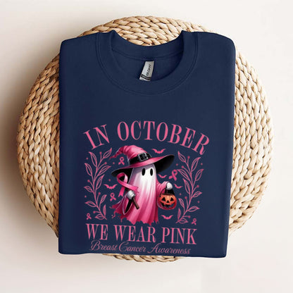 In October We Wear Pink Ghost T-Shirt - Breast Cancer Awareness & Halloween Tee, Pink Ribbon Shirt
