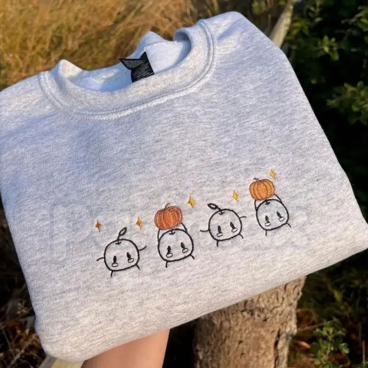 Embroidered Junimos with Pumpkins Gamer Sweatshirt – Cozy Autumn Farming Sim Crewneck