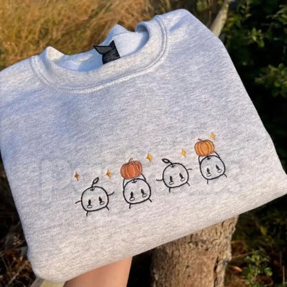 Embroidered Junimos with Pumpkins Gamer Sweatshirt – Cozy Autumn Farming Sim Crewneck