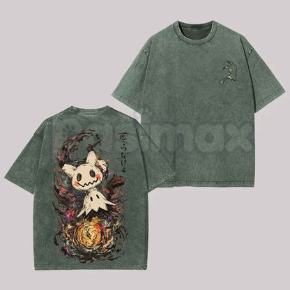 Mimikyu Ghost Vintage Washed Graphic Tee – Retro Anime Spooky Graphic T-Shirt, Vintage Washed Lightweight Cotton Unisex Streetwear Top