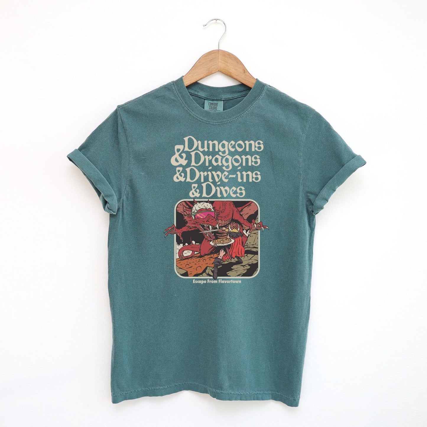 Vintage Food & Fantasy Tee – Dungeons and Dragons and Drive-Ins T-Shirt, Funny Comfort Colors Shirt, Retro Gamer Top, Fantasy RPG Gift