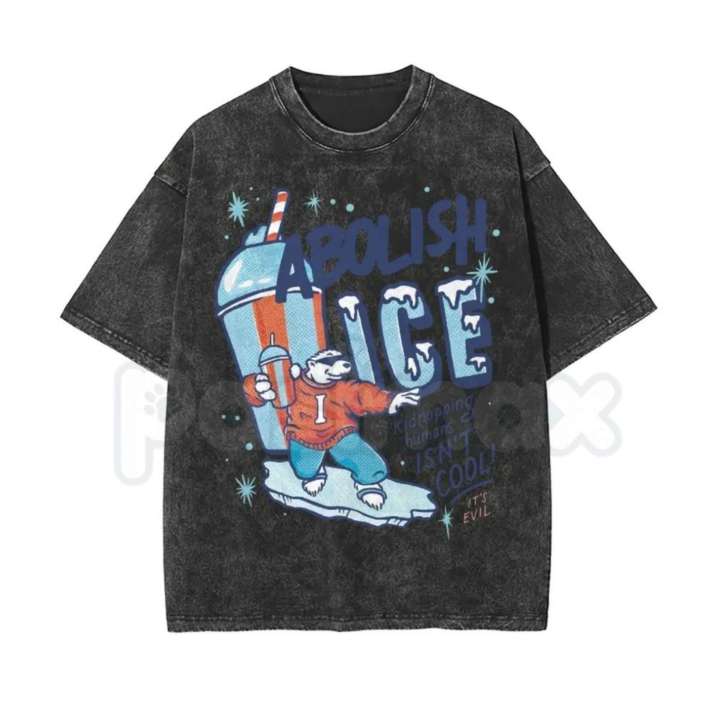 Unisex ABOLISH ICE Polar Bear Graphic Top – Political Activism Streetwear T-Shirt, Retro Environmental Social Justice Washed Cotton Tee