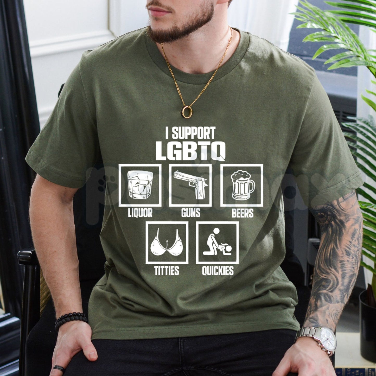 "I Support LGBTQ" Funny Acronym T-Shirt – Liquor Guns Bacon Titties Quickies Tee, Premium 100% Cotton Sarcastic Beer & Bacon Top, Soft Lived-In Heavyweight Rowdy Meme Shirt, Made in USA