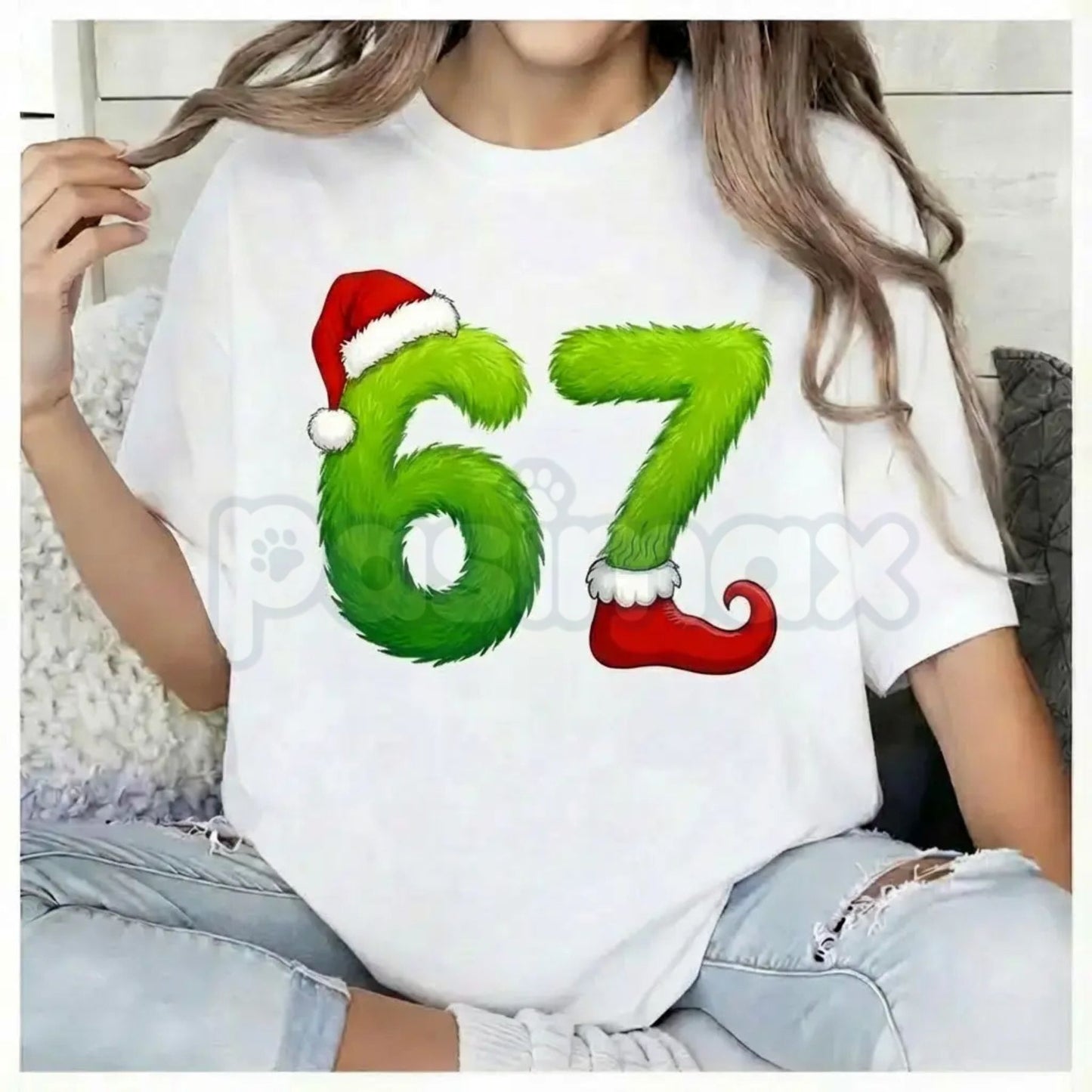 Unisex Funny Gen Z Pop 67 Meme T-Shirt - Green Guy Inspiration Santa Hats Graphic, Niche Viral Humor Tee, Trendy Holiday Meme Apparel